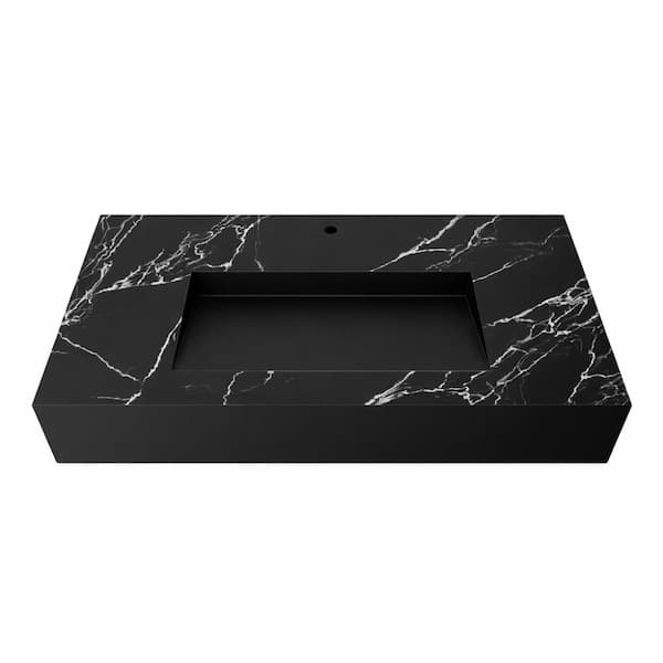 Pyramid 36 in. x 18.9 in. x 5.9 in. Wall Mount Solid Surface Single Basin Rectangle Bathroom Sink in Matte Black Marble