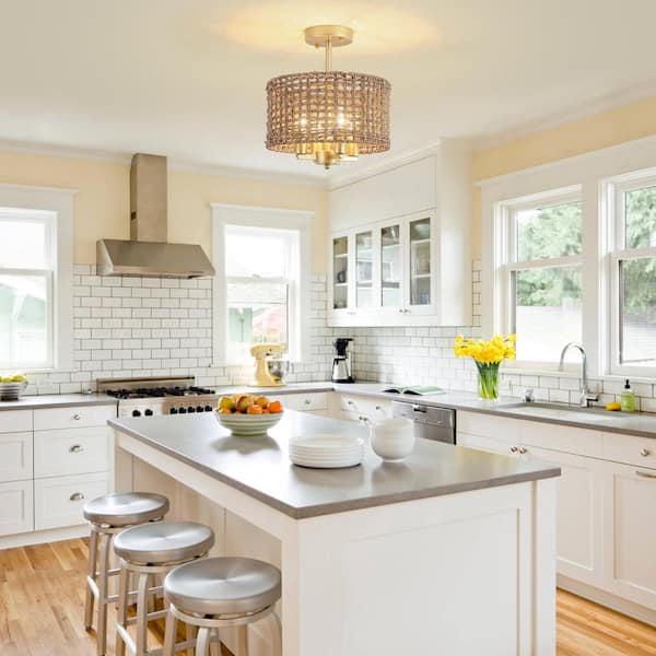 Annecy 11.81 in. 4-Light Gold Farmhouse Semi-Flush Mount With Hand Woven Drum Shade and No Bulbs Included