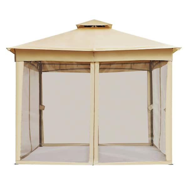 10 ft. x 10 ft. Beige Outdoor Gazebo Tent with Double Roofs and Steel Frame