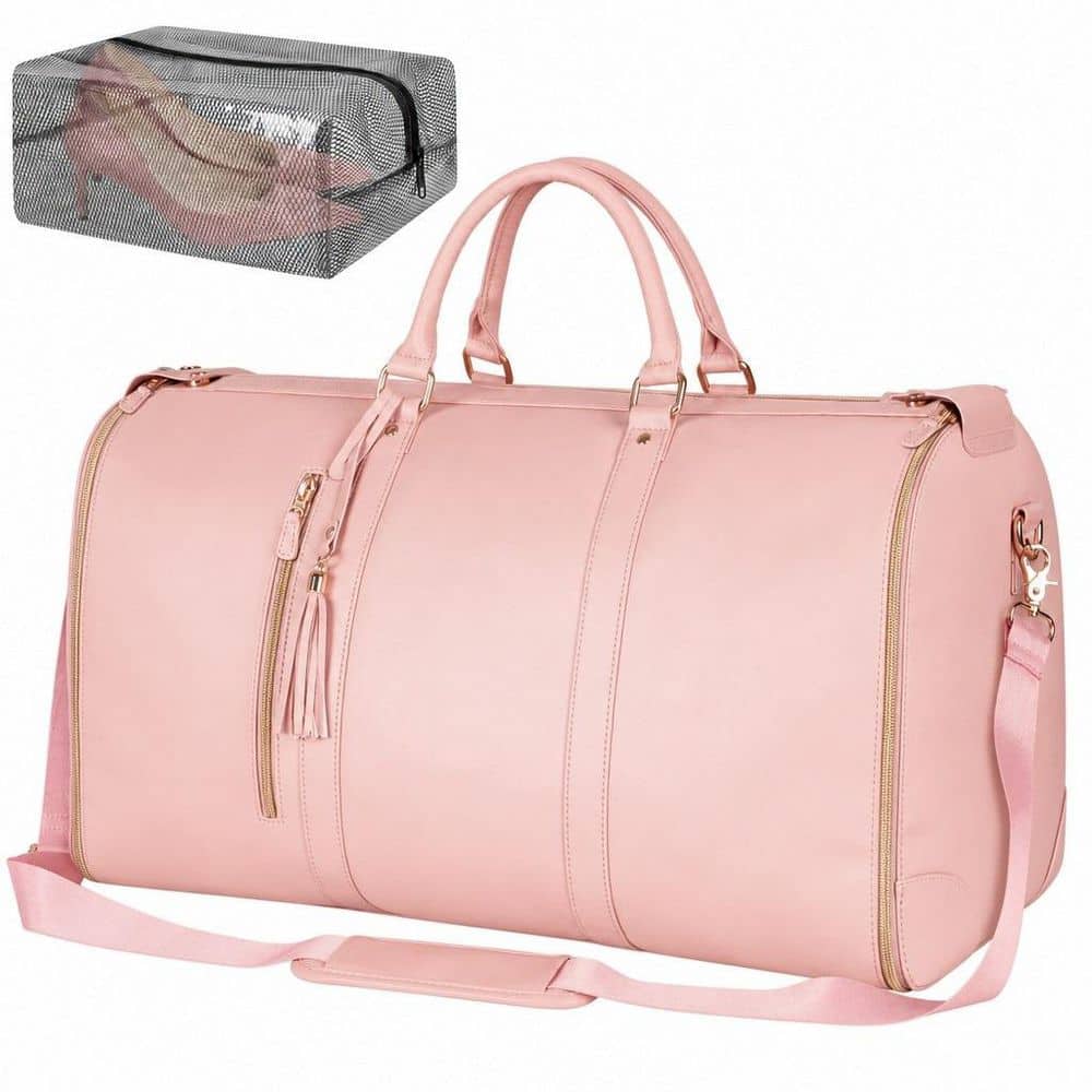 Pink Carry On Garment Bag for Women, Large PU Leather Foldable Travel Bag with Shoe Pouch, 2 in 1 Hanging Suitcase