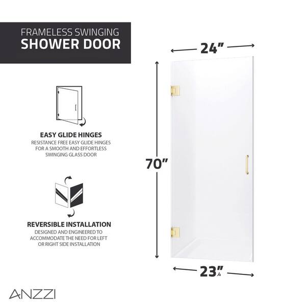 ANZZI - Passion Series 24 in. x 72 in. H Hinged Frameless Shower Door in Gunmetal with Tsunami Guard Tempered Glass and Handle
