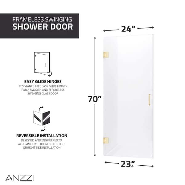 ANZZI - Passion Series 24 in. x 72 in. H Hinged Frameless Shower Door in Gunmetal with Tsunami Guard Tempered Glass and Handle
