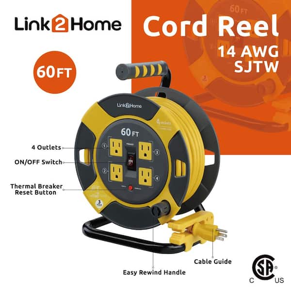 Link2Home 60 ft. 14/3 Extension Cord Storage Reel with 4 Grounded Outlets  and Overload Circuit Breaker EM-EL-600-N - The Home Depot