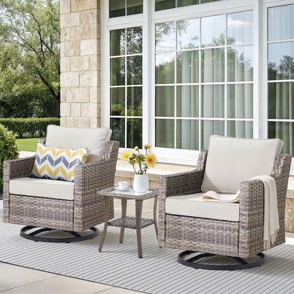 3-Piece Metal and Wicker Outdoor Rocking Chair, 2-Person Patio Swivel Rocker Glider Chairs with Beige Cushions
