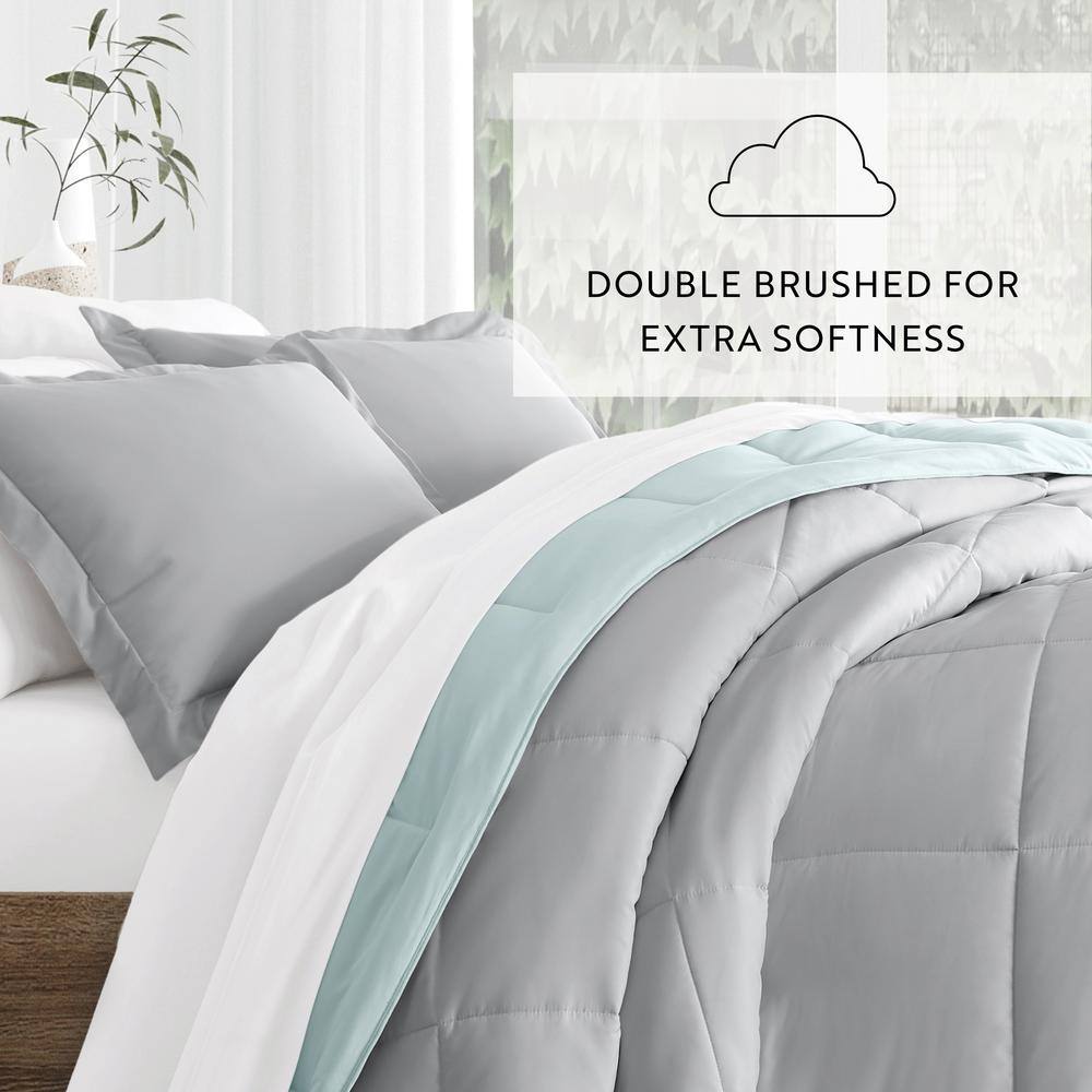 Aqua and Gray Reversible Down-Alternative Comforter Set, Full/Queen