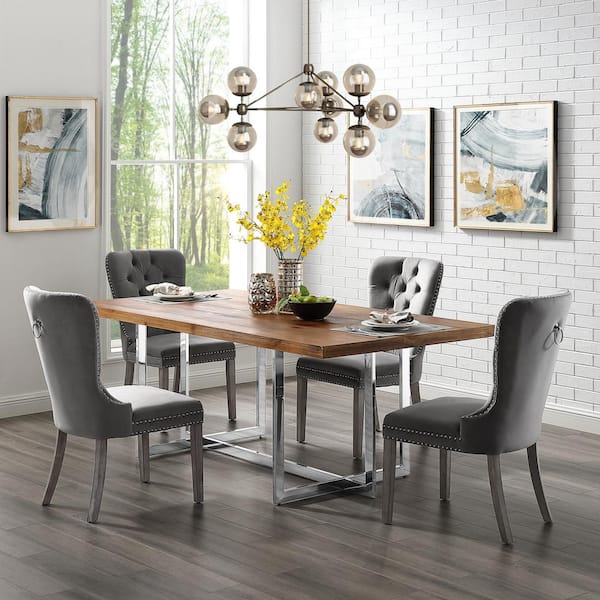 Inspired Home Nevaeh Grey Velvet Ring, Grey Ring Back Dining Chairs