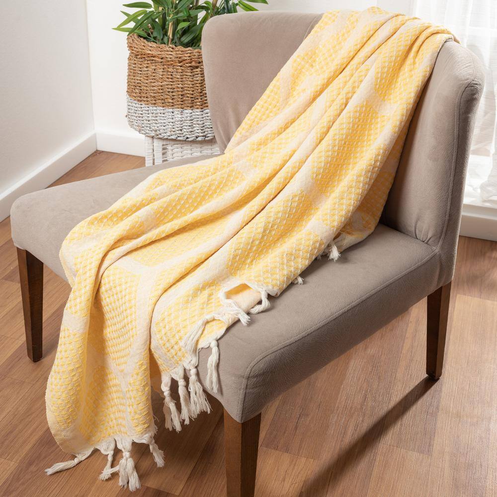 Yellow Honeycomb Pattern Turkish Cotton Throw Blanket with Tassels