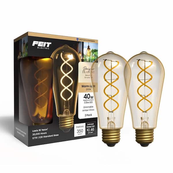 40W Equiv. ST19 Dim. Double Spiral White Fil. Amber E26 Vintage Edison LED Straight Tapered Light Bulb, Warm White 2PK