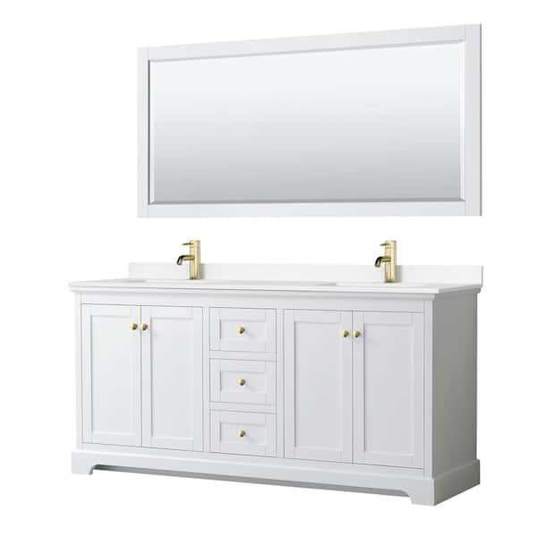 Wyndham Collection Avery 72 in. W x 22 in. D x 35 in. H Double Sink Bath Vanity in White with White Cultured Marble Top and 70 in. Mirror