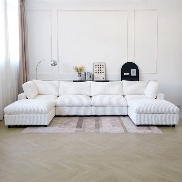 157 in. Square Arm Soft Faux Rabbit Fur Velvet 6-Piece Modular Sectional Sofa with Ottoman, Washable Covers in. Beige