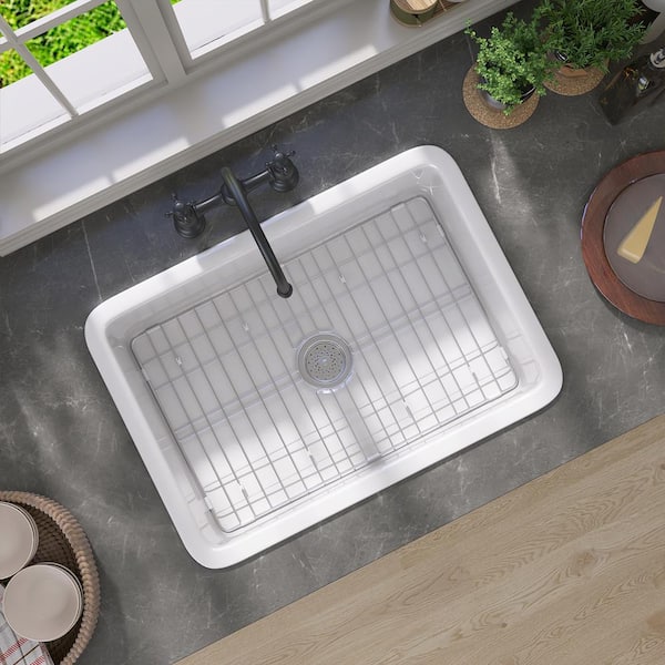 27 Inch White Undermount Kitchen Sink - Fireclay Single Bowl Deep Basin (27"x19"x10") - View #3