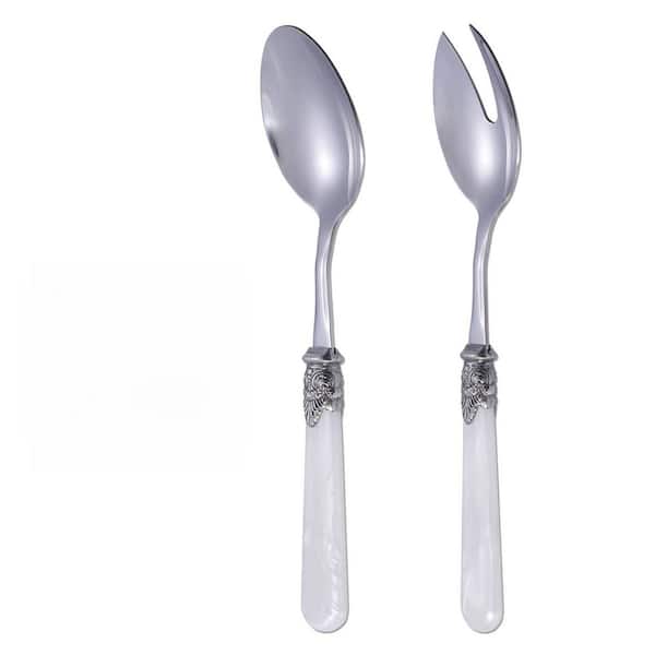 2-Piece White Stainless Steel Salad Serving Set with Acrylic Handle, Salad Fork and Spoon Utensils for Kitchen Dining