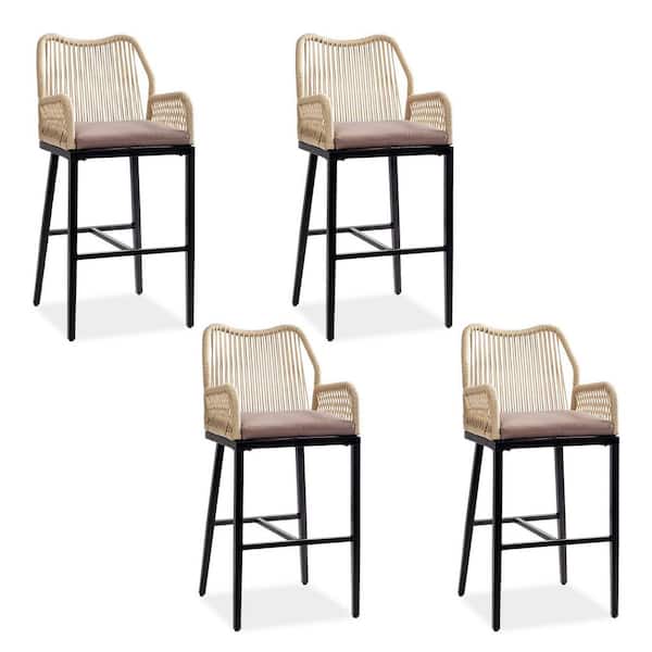 Metal and Rope Outdoor Bar Stools with Brown Cushion (2-Pack)