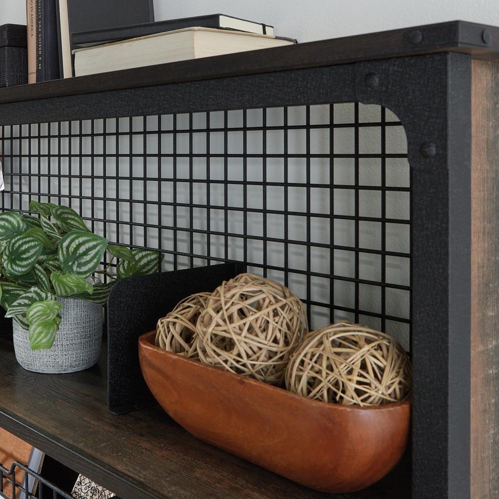 Carbon Oak Industrial Computer Desk Hutch with Metal Frame