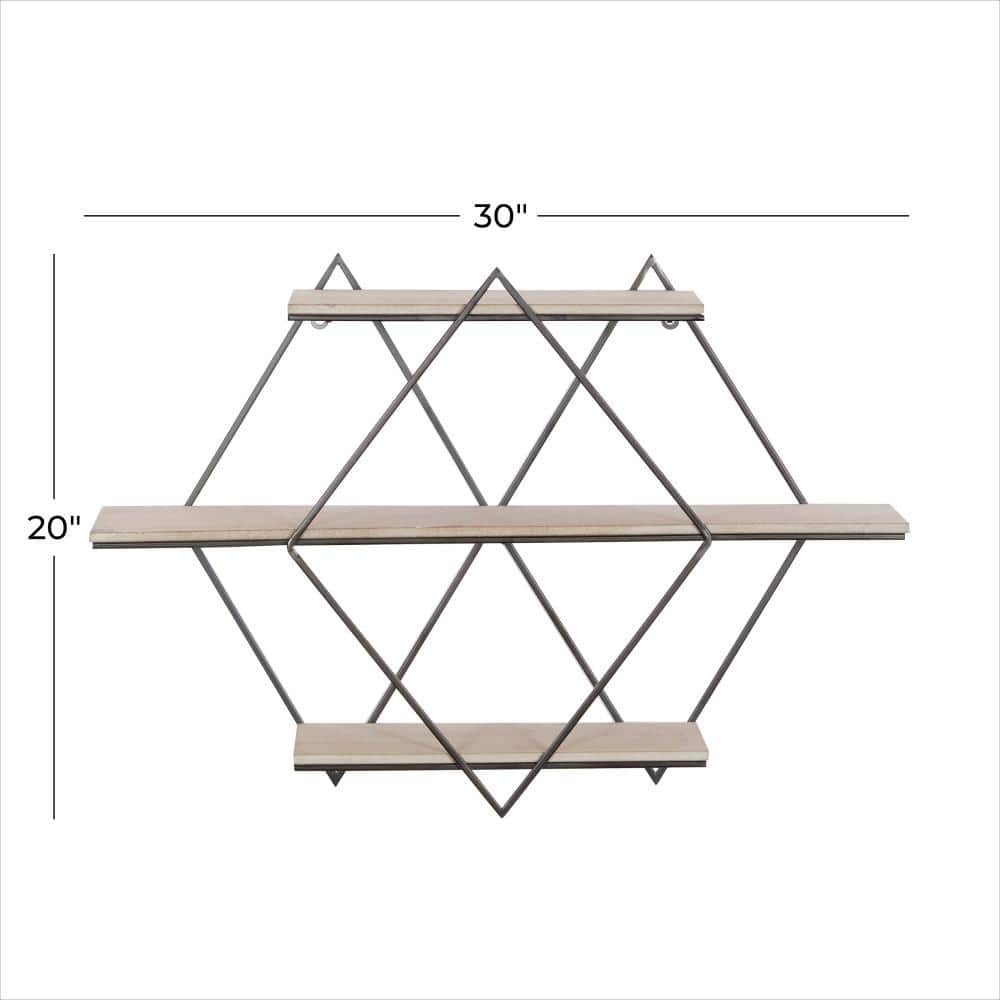 Brown Wood Geometric Wall Shelf with Metal Frame