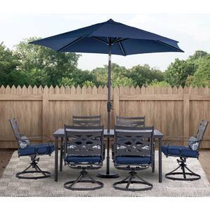 Montclair 7-Piece Steel Outdoor Dining Set with Navy Blue Cushions, 6 Swivel Rockers, 40 in. x 66 in. Table and Umbrella