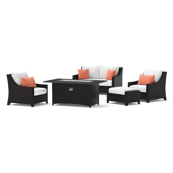 RST BRANDS Deco 5-Piece Wicker Patio Fire Pit Conversation Set with Sunbrella Cast Coral Cushions