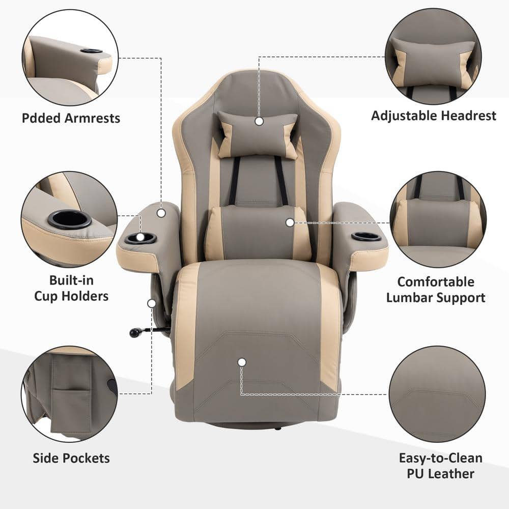 Gray and Beige Faux Leather Swivel Recliner with Metal Base