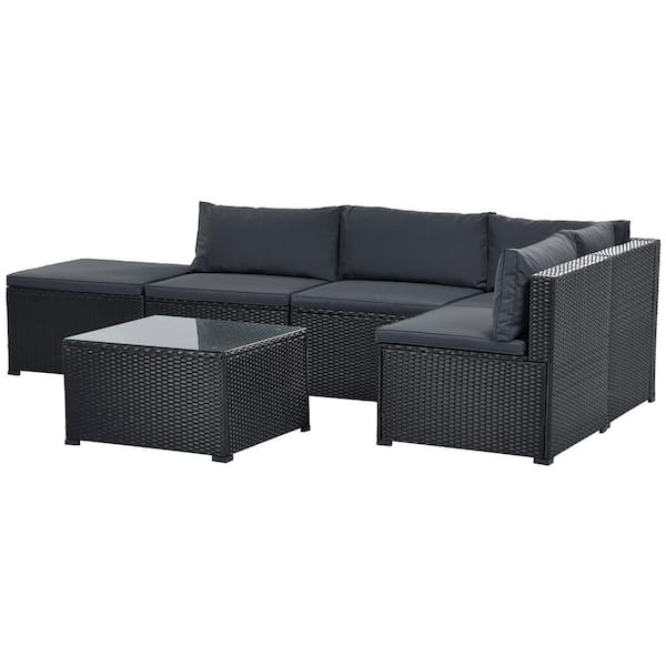 GOSHADOW Black 6-Piece Wicker Patio Conversation Sectional Seating Set with Grey Cushions