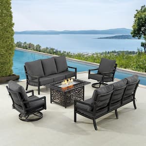 Black 5-Piece Aluminum Patio Fire Table Set with 2-Deep Seating Sofa with Black Cushions and 2-Club Chairs