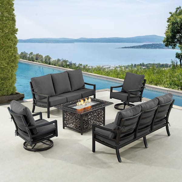 Oakland Living Black 5-Piece Aluminum Patio Fire Table Set with 2-Deep Seating Sofa with Black Cushions and 2-Club Chairs