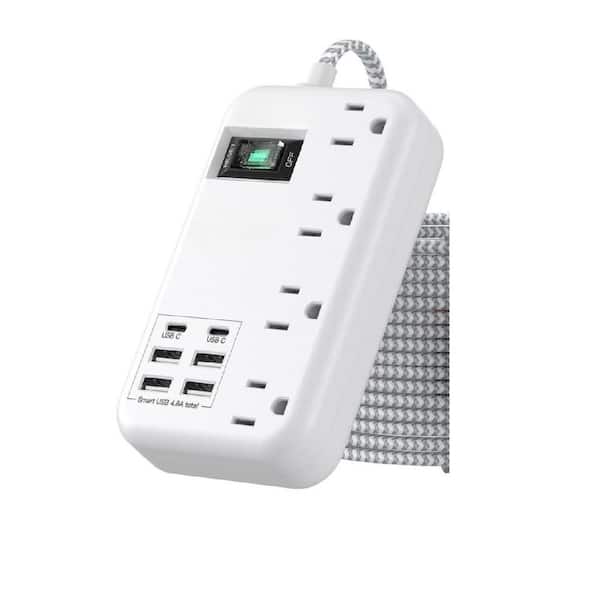 White 4-Outlets Power Strip Surge Protector with 15 ft. Extension Cord with 6 USB Charging Station Wall Mount