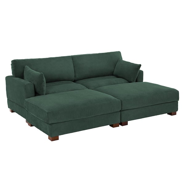 88 in. Modern Square Arm Corduroy Fabric Upholstered Sectional Sofa in. Hunter Green With Two Ottomans And Wood Leg