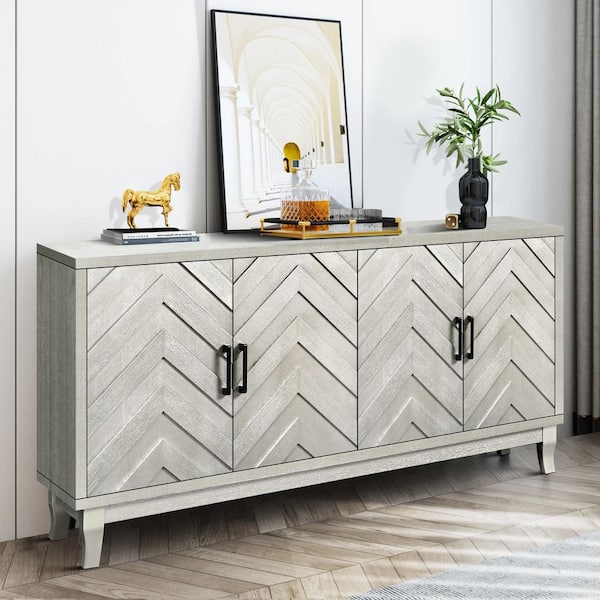 Vintage Champagne Silver MDF Pine 60 in. Buffet Sideboard with 4 Doors and Adjustable Shelves