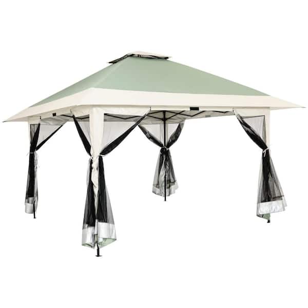 Zeus & Ruta 13 ft. x 13 ft. Olive Pop Up Gazebo Canopy Tent Shelter with Zippered Mesh Mosquito Netting, Wheeled Roller Carry Bag