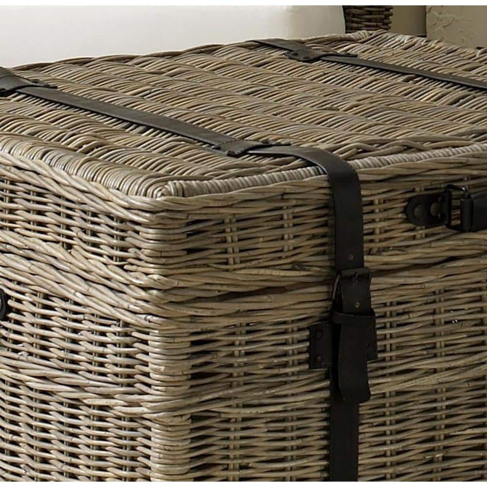Gray Wicker Rectangular Coffee Table Trunk with Leather Accents