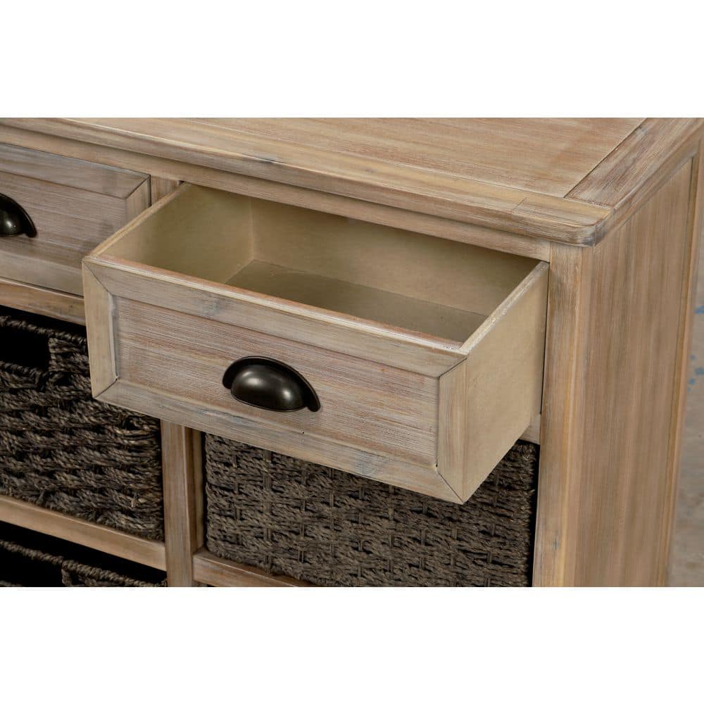 White Washed Rustic Pine Accent Cabinet with Wicker Baskets