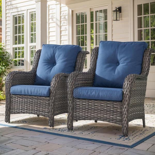 moosprr Patio Gray Wicker Outdoor Lounge Chair with Blue Cushions and Curved Armrest (2-Pack)