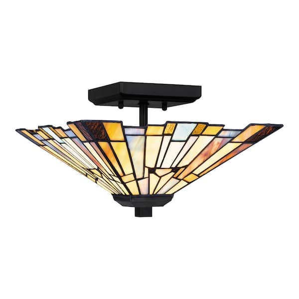Home Decorators Collection Waterville 12 in. 2-Light Matte Black Tiffany Semi-Flush Mount