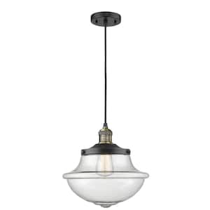 Oxford 1-Light Black Antique Brass Shaded Pendant Light with Seedy Glass Shade