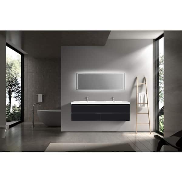 72 in. W Floating Double Sink Bath Vanity in Gloss Black with Gloss White Resin Top