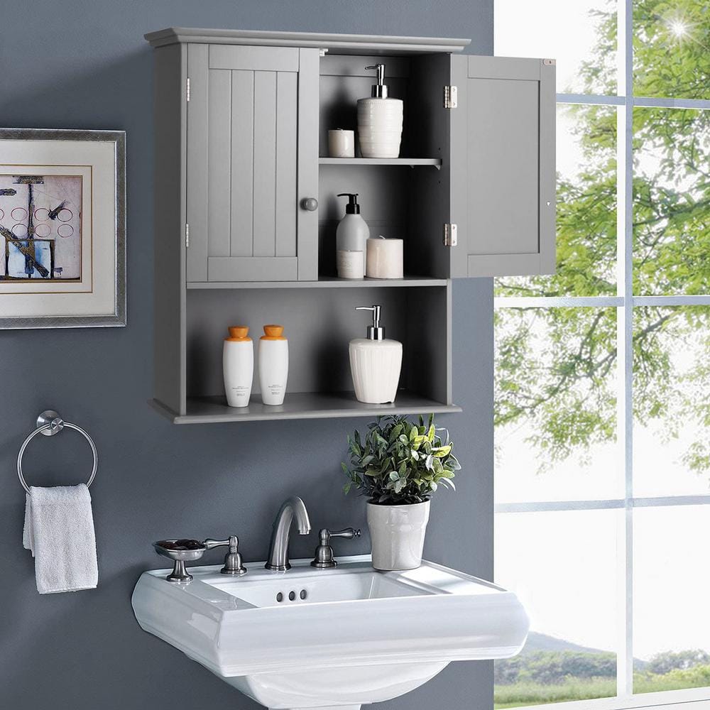 Gray MDF and Particle Board Bathroom Storage Wall Cabinet with 2 Doors and 3 Shelves