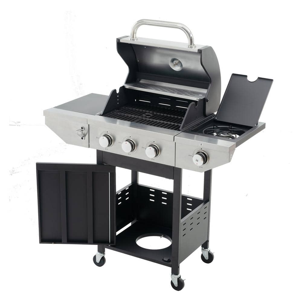 3-Burner Portable Propane Gas Grill in Stainless Steel Barbecue Grill with Side Burner and Wheels for BBQ, Camping