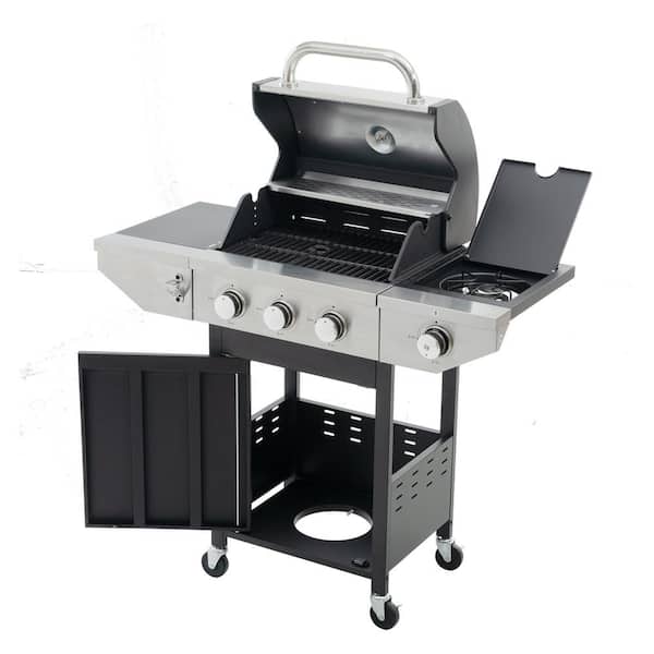 Unbranded 3-Burner Portable Propane Gas Grill in Stainless Steel Barbecue Grill with Side Burner and Wheels for BBQ, Camping