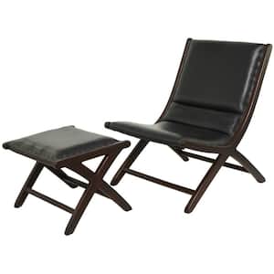 Black Handmade Upholstered Leather Teak Wood Accent Chair with Ottoman