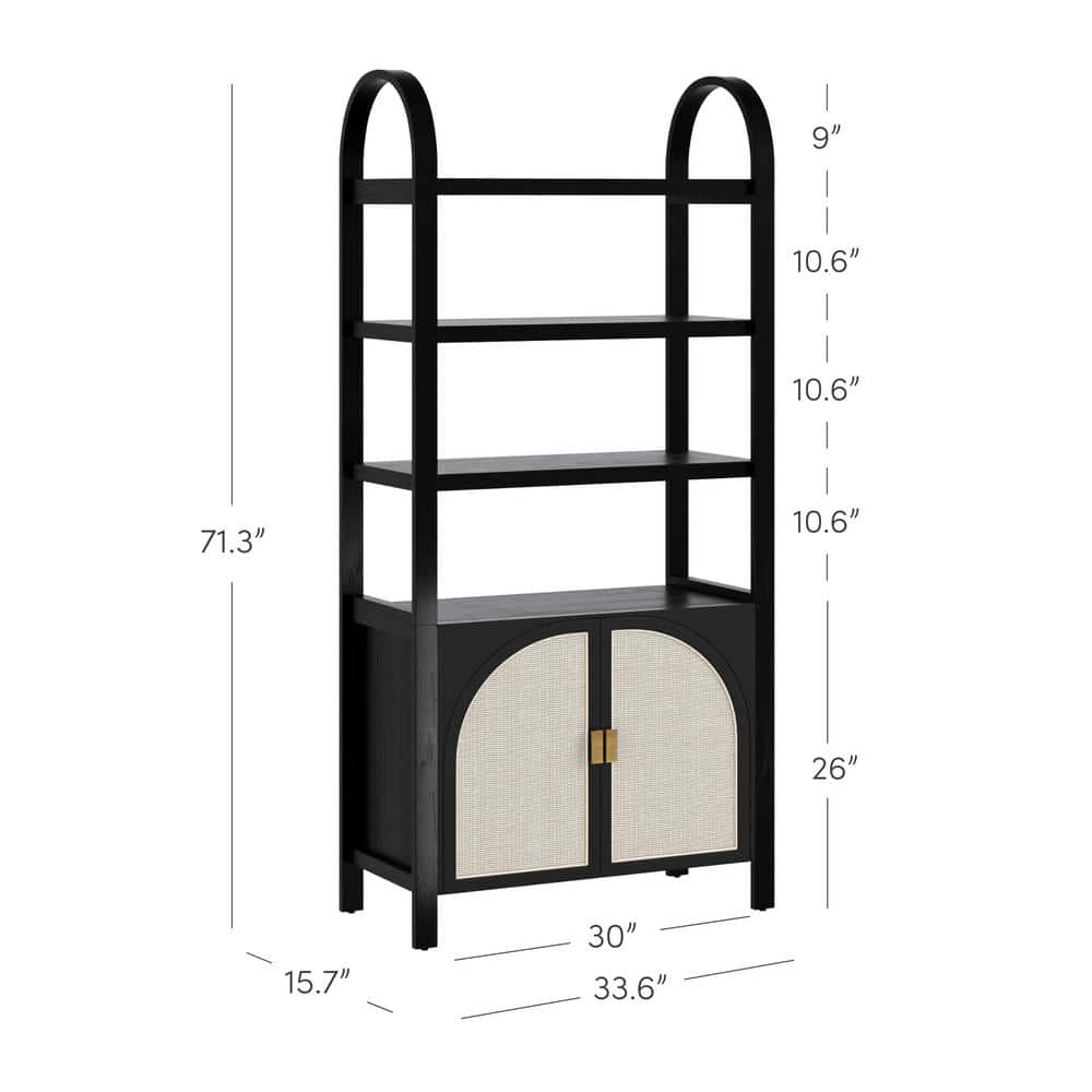 Paxton Black Oak 71" Boho Bookshelf Cabinet with Faux Rattan Doors