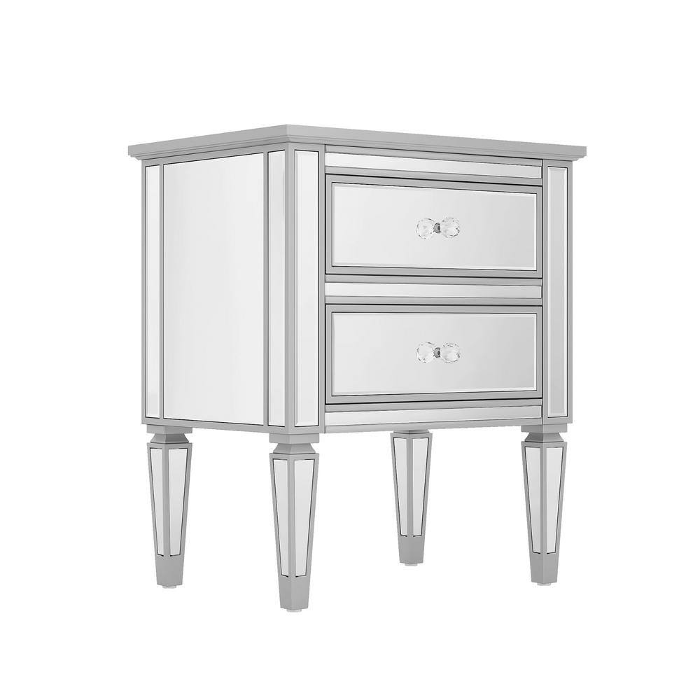 ZIRUWU Elegant Mirrored 2Drawers, Modern Silver Finished End Table