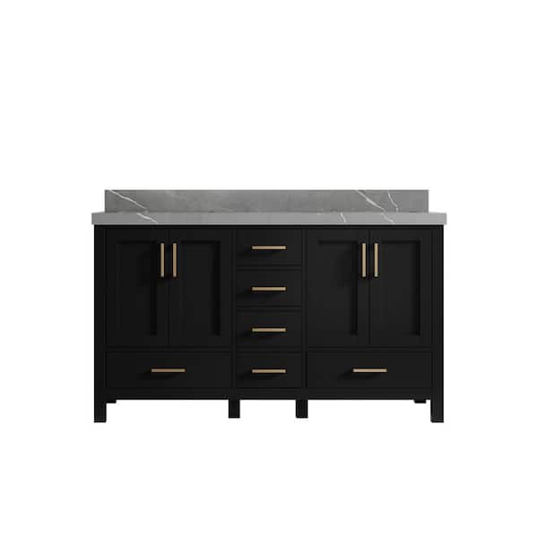 Willow Collections Malibu 60 in. W x 22 in. D x 36 in. H Double Sink Bath Vanity in Black with 2 in. Piatra Gray Quartz Top