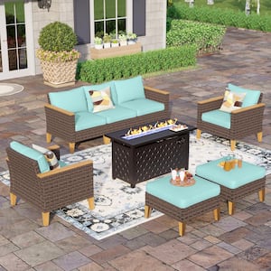 Brown Rattan Wicker 7 Seat 8-Piece Steel Outdoor Patio Conversation Set with Blue Cushions, Rectangular Fire Pit Table