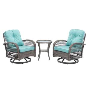3-Piece Blue Wicker Patio Conversation Set with Gray Thickened Cushions, Glass Coffee Table