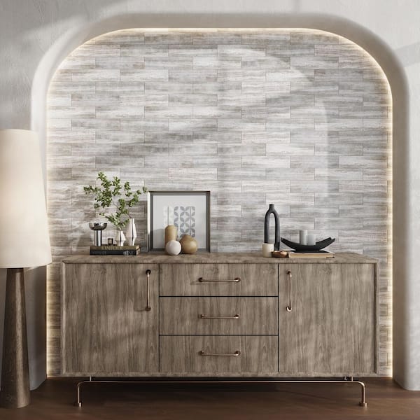 Artisana 3 in. x 12 in. Wooden Grey Textured Etched Dot Elongated Marble Subway Tile (5 sq. ft./case, 20-Pack)