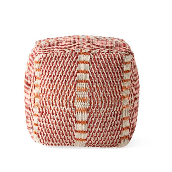 Noble House Rolodex Red and Orange Water Resistant Fabric Cube Ottoman Pouf
