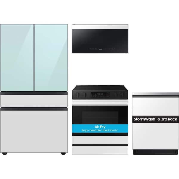 30 cu. ft. Bespoke Standard Depth 4-Door Smart Refrigerator with Smart Slide-In Range and Dishwasher in White Glass