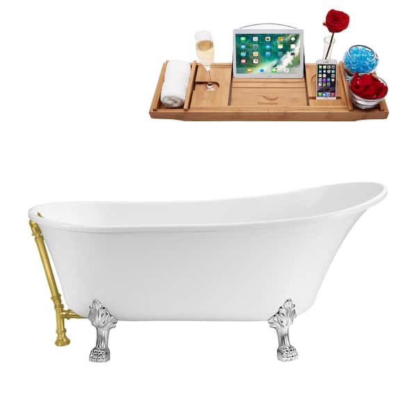 Streamline 55 in. Acrylic Clawfoot Non-Whirlpool Bathtub in Glossy White With Polished Chrome Clawfeet And Brushed Gold Drain