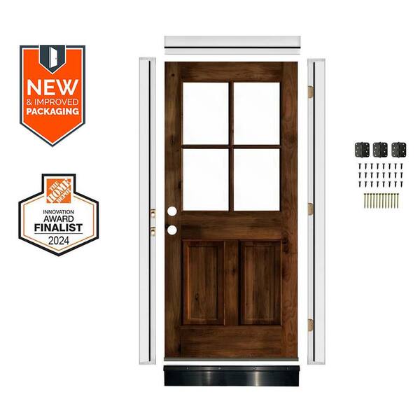 DIY 32in.x80in. Right-Handed 4 Lite Clear Glass Provincial Stain Knotty Alder Wood Front Door Kit w/ Quick Assemble Jamb