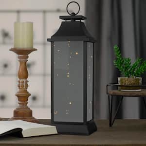 19 in. Black LED Battery Operated Mirrored Lantern Warm White Flickering Lights